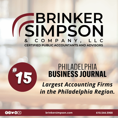  Philadelphia Business Journal Ranks Brinker Simpson #15 In Largest Accounting Firms in the Region